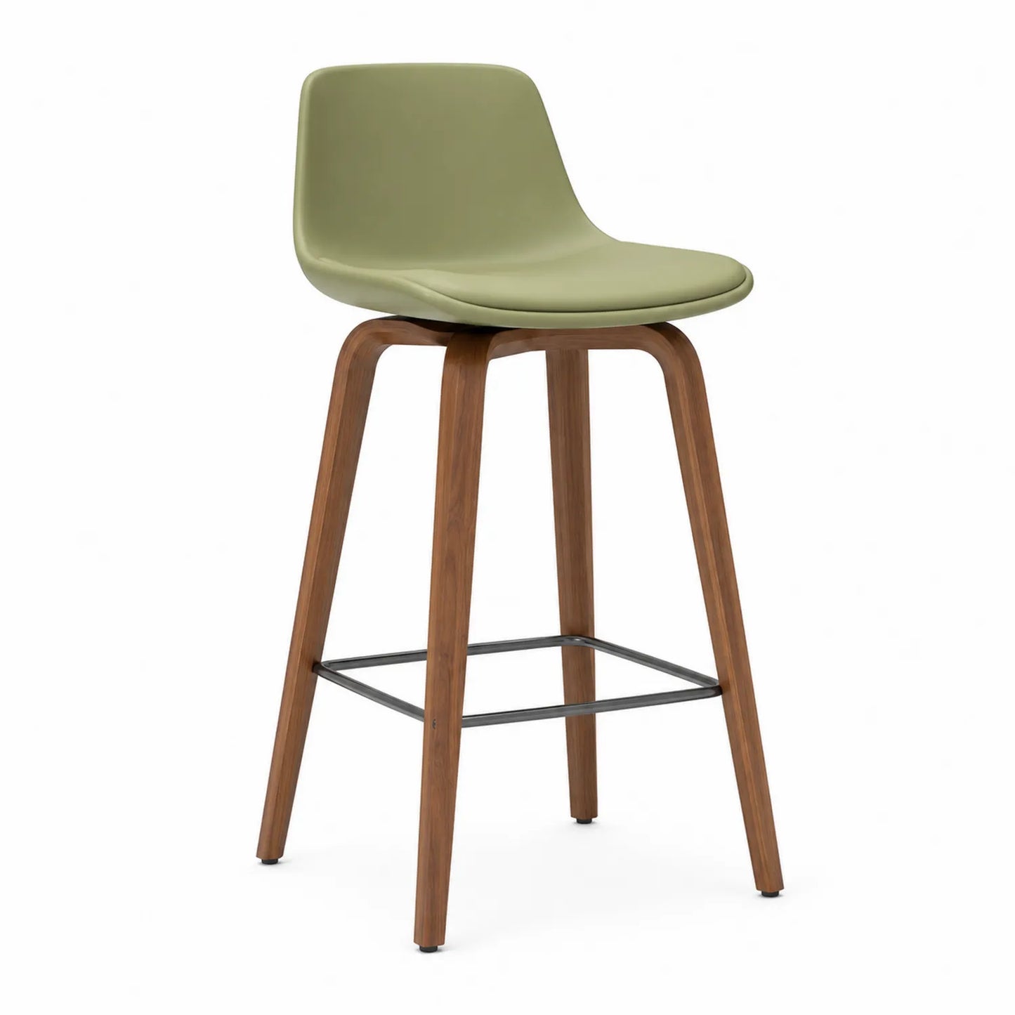 Hoker z zielonym siedziskiem z tworzywa sztucznego i drewnianymi nogami