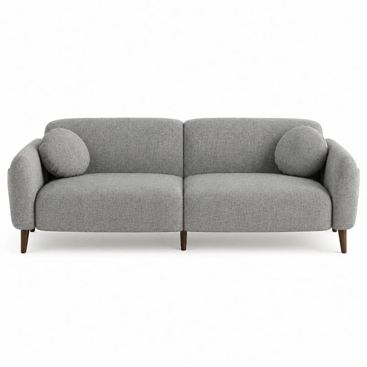 Sofa 3-osobowa z tkaniny poliestrowej, szara z drewnianymi nogami